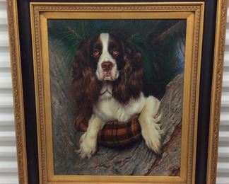 LOT#12- Decorative oil on canvas spaniel 20 inches by 24 inches with a 5 inch frame    $100.00