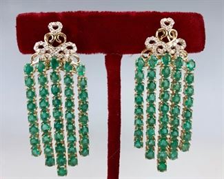 Pair 14k Emerald & Diamond Dangle Earrings - Lot 89