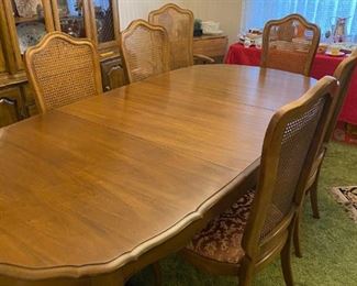 Thomasville Dining Room Set with Buffet, China Closet, Table with 3 Leaves and Pads, and 6 Chairs