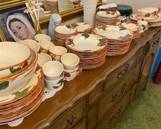 Thomasville Dining Room Set with Buffet, China Closet, Table with 3 Leaves and Pads, and 6 Chairs - Large Vintage Franciscan Apple Dishware Service for 12 with Accessory Pieces