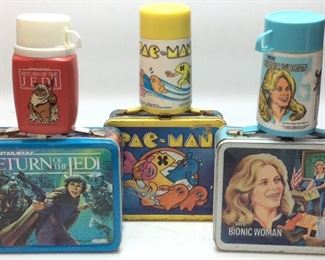 (3)ALADDIN INDUSTRIES, 1978 THE BIONIC WOMAN, RETURN OF THE JEDI & PAC MAN LUNCH BOXES