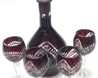 VTG. CUT GLASS RUBY COLOR DECANTER & 4 G
