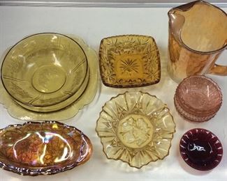 AMBER GLASS PITCHER, BOWL, CANDY