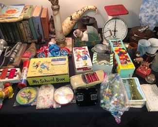 Vintage table with toys, etc.