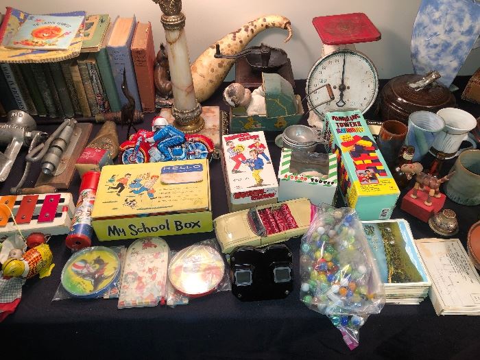 Vintage table with toys, etc.