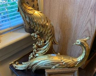 Pair Vintage Gold Syroco Peacocks/Pheasants Statues