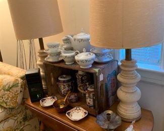 small coffee table and a pair of nice mid cent lamps