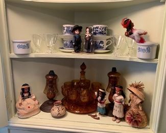 Churchill Blue willow cup/saucers, amber glass, dolls and candlewick bubble glass