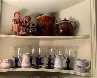 teapots, crockery, creamers and hand blown cobalt stem goblets AND more Dolls