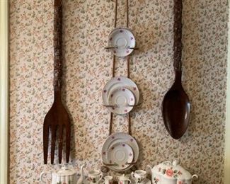 assorted decor, tea sets, etc