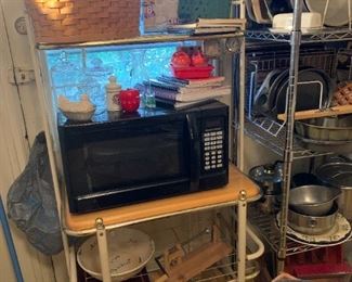 microwave, bakers rack, misc kitchen stuff