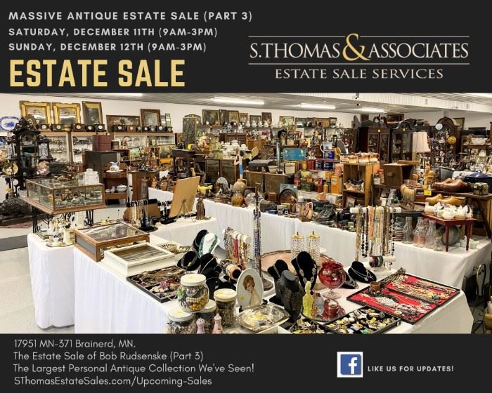 This sale features; a large selection of antique furniture, primitives, folk art, immigrant trunks, bronze statues, Red Wing stoneware items, selection of oil paintings, vintage high-end art pottery including Weller and Roseville, many high-end lamps, vintage fashion jewelry and much more.