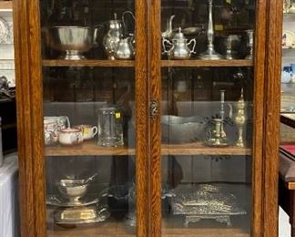 Antique Oak 32 Beveled Pane Glass Front Cabinet