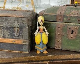 Antique Miniature/Childs Trunk, 16th-17th Century Green Scandinavian Wood Lock Box 