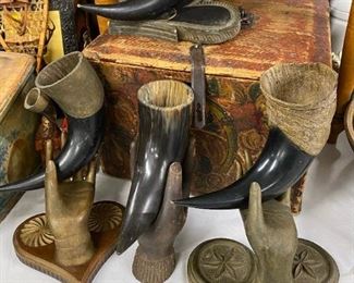 Antique Drinking Horns with Wood Hand Stand 