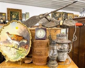 Antique Game Plate, Briggs Humidor, Folk Art Whirligig, Skating Lantern, Adlake  Railroad Lantern 