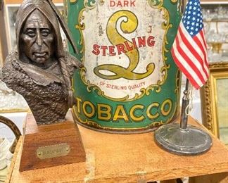 Sterling Tobacco Tin, Small Bronze Native American Bust Statues 