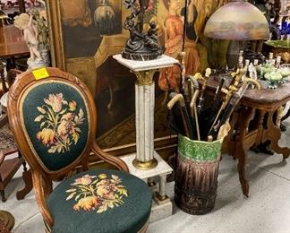 Walnut Side Chair, Marble Plantstand, Majolica Umbrella Stand 