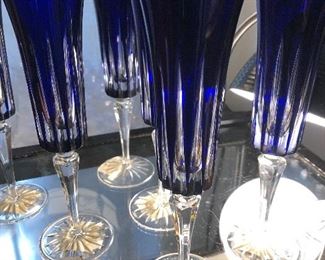 Blue cut crystal champagne flutes 