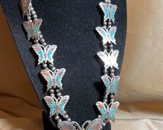 096 Old Pawn Crushed Turquoise  Coral Butterfly Squash Blossom Necklace