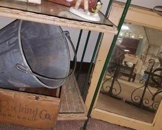 Primitives- boxes, rustic metals and wood items. Vintage shoe store folding floor mirror
