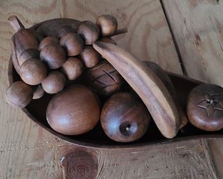 Mid-century monkey-pod wood bowl and fruit