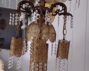 Middle Eastern Moorish filigree brass and crystal decorated table lamps. 2 available