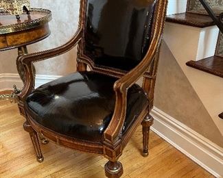 PAIR patent black leather custom arm chairs 
