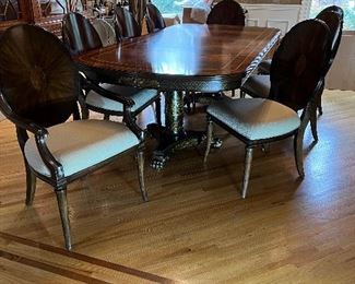 Maitland smith inlaid dining table chinoiserie style painting and brass footed feet