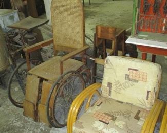 FICKS REED CHAIR AND ANTIQUE WHEEL CHAIR