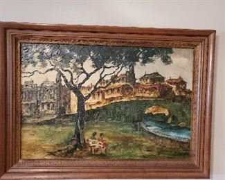 large European impasto style oil painting on canvas - 24" x 36" frame 36 1/2" x 42 1/2" - signed by artist lower right corner - $225
