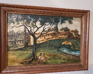 large European impasto style oil painting on canvas - 24" x 36" frame 36 1/2" x 42 1/2" - signed by artist lower right corner - $225