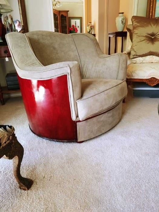 large recovered leather mid-century barrel back chair - $250