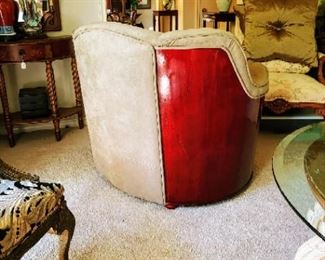 large recovered leather mid-century barrel back chair - $250