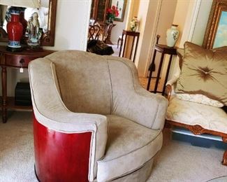 large recovered leather mid-century barrel back chair - $250