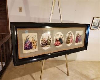 large framed multi-print antique French Fashion prints with custom  mounted dress - $125 