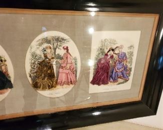 large framed multi-print antique French Fashion prints with custom  mounted dress - $125