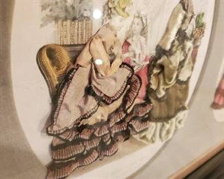 large framed multi-print antique French Fashion prints with custom  mounted dress - $125