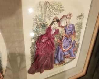 large framed multi-print antique French Fashion prints with custom  mounted dress - $125 