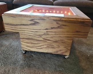 Unique, handcrafted infinity wood/glass lighted tables with storage.  Rows of lights for a neat effect.  Top opens for storage.   $700 for the pair or $350 each.