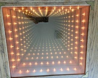 Unique, handcrafted infinity wood/glass lighted tables with storage.  Rows of lights for a neat effect.  Top opens for storage.   $700 for the pair or $350 each.