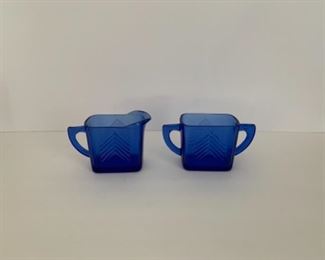 Vintage Hazel Atlas Cobalt Blue Depression Glass Chevron Sugar Bowl and Creamer Set