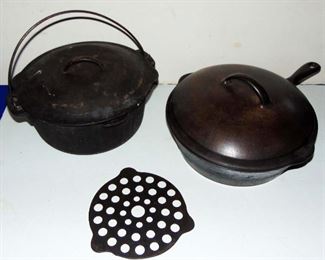 VINTAGE KITCHEN COLLECTIBLES - CAST IRON DUTCH OVEN w/ STRAINER &  DEEP DISH SKILLET w/ LID