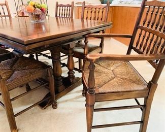 Antique English Draw Table and Rush Seat Chairs