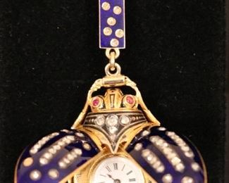 Incredible 18k gold and enamel, diamond beetle watch brooch