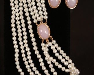 14k, pink jade and pearl set