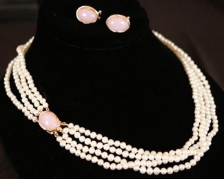 14k, pink jade and pearl set