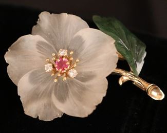 14k gold, diamond, ruby and carved stone pin
