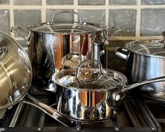(3) Cuisinart Stainless Steal Pots With Lids And (1) Unmarked Pot With Lid