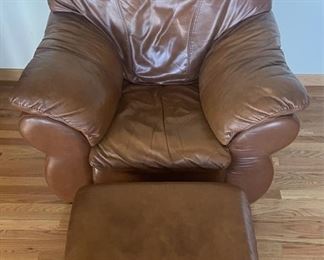Italian Famous Barr Leather Arm Chair With Matching Ottoman (As Is)